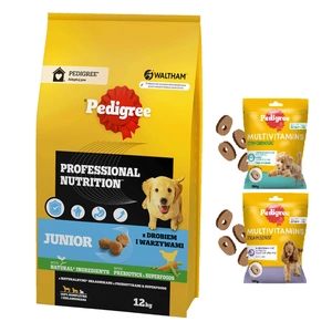 PEDIGREE® Junior Professional Nutrition 12 kg mit Geflügel und Gemüse - Trockenvollnahrung für Welpen großer und mittelgroßer Rassen + PEDIGREE Multivitamins 2x180g