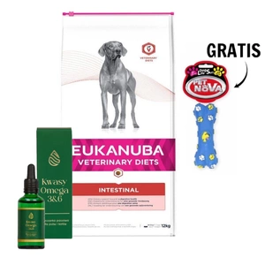 EUKANUBA Veterinary Diets Intestinal 12kg & Lab-v Omega-3&6-Fettsäuren + Gummiknochen GRATIS!