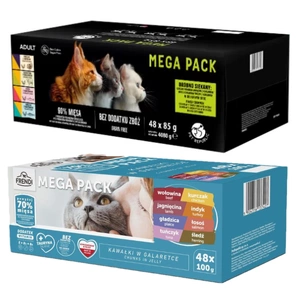 PetRepublic Katzennassfutter Stückchen in feiner Sauce MIX Fleisch- und Fischgeschmack 48x85g + Frendi Katzensäckchen mit Fleisch- und Fischgeschmack in Gelee 48x100g