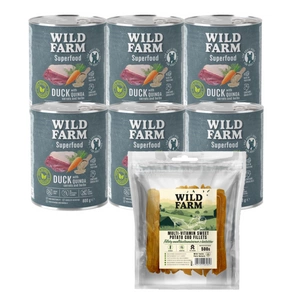 WILD FARM Superfood Duck (Ente mit Quinoa, Karotten und Kräutern) 6x800g getreidefreies Hundefutter + WILD FARM Multivitamin Süßkartoffelfilets 500g