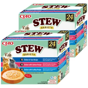 INABA Cat Ciao Stew - Ergänzungsfuttermittel für Katzen mit Huhn, Thunfisch, Lachs und Jakobsmuscheln 48x40g