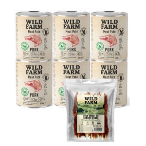 WILD FARM Pastete Schweinefleisch 6x800g glutenfreies Hundefutter + WILD FARM Entenbrustfilet am Spieß 500g