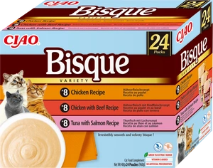 INABA Cat Ciao Bisque Ergänzungsfuttermittel für Katzen Cremesuppe mit Huhn, Rindfleisch und Fisch 24x40g