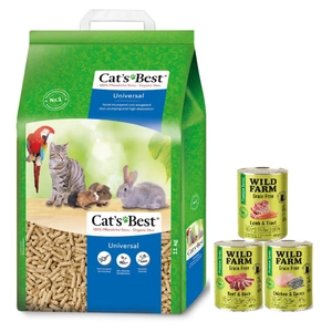 Cats Best Universal Pflanzenfaserstreu 40l / 22kg + WILD FARM Premium getreidefreies MIX 3x400g
