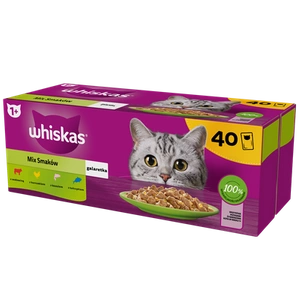 WHISKAS Adult Sachets 40 x 85 g Gemischte Geschmacksrichtungen - Nassfutter für ausgewachsene Katzen in Gelee (Schnitte mit: Rind, Huhn, Lachs, Thunfisch)