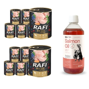 DOLINA NOTECI RAFI, Wachtel 12x800g + LAB V Lachsöl für Hunde und Katzen 1000ml