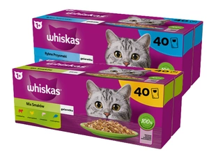 WHISKAS Adult Sachets 40 x 85 g Geschmacksmix - Nassfutter für ausgewachsene Katzen, in Gelee + WHISKAS Adult Sachets 40 x 85 g Fishy Treats