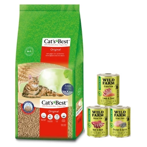 JRS Katzenstreu Cats Best Eko Plus 40l (17,2kg) + WILD FARM Premium getreidefreies MIX 3x400g
