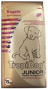 TROPIDOG SUPER PREMIUM JUNIOR MEDIUM & LARGE BREED TURKEY, SALMON & EGGS 15kg + Überraschung für den Hund