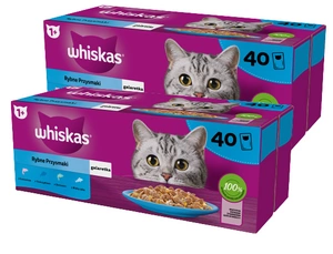 WHISKAS Adult Sachets 2x(40 x 85 g) Fishy Treats - Nassfutter für ausgewachsene Katzen in Gelee (Stücke mit: Lachs, Thunfisch, Kabeljau, Weißfisch)