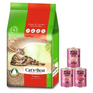 JRS Cats Best Eko Plus - Klumpstreu aus Holz 30l / 13kg + WILD FARM Pate MIX 3x400g