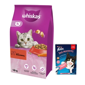 WHISKAS Adult 14 kg - Trockenfutter für ausgewachsene Katzen, mit leckerem Rindfleisch + Felix Deli Moments 4x10g