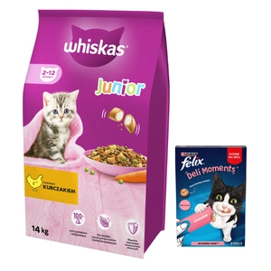 WHISKAS Junior 14 kg - Trockenfutter für Kätzchen, mit leckerem Huhn + Felix Deli Moments 4x10g