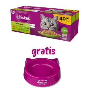 WHISKAS Adult Sachets 40 x 85 g Gemischte Geschmacksrichtungen - Nassfutter für ausgewachsene Katzen in Gelee (Schnitte mit: Rind, Huhn, Lachs, Thunfisch) + KATZENNAPF GRATIS!!