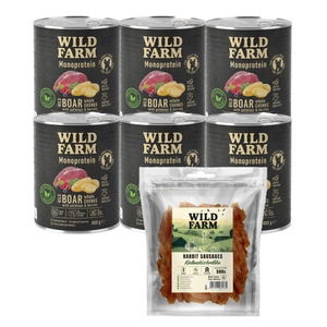 WILD FARM Monoprotein Wild Boar 6x800 g hypoallergenes Hundefutter + WILD FARM Kaninchenwürstchen 500g