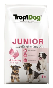 TROPIDOG Premium Junior Small und Medium Breeds reich an Lachs und Reis 8 kg + Überraschung für den Hund