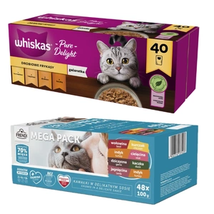 WHISKAS Adult Sachets 40 x 85 g Geflügelfrikadellen - Nassfutter für ausgewachsene Katzen, in Gelee + Frendi Sachets für Katzen Fleischgeschmack in Sauce 48x100g