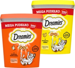 DREAMIES Mega Box 2x350 g - Ergänzungsfuttermittel für ausgewachsene Katzen, mit leckerem Huhn / mit leckerem Käse