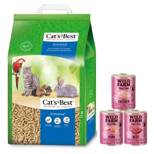 Cats Best Universal Pflanzenfaserstreu 40l / 22kg + WILD FARM Pate MIX 3x400g