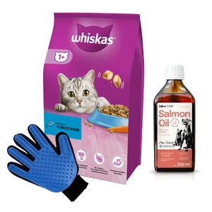 WHISKAS Adult 14 kg - Trockenfutter für ausgewachsene Katzen, mit leckerem Thunfisch & LAB V Lachsöl 250ml + Kämm Handschuh GRATIS!
