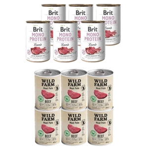 BRIT MONO PROTEIN LAMB 6x400g + Wild Farm Pate Beef 6x400g glutenfreies Hundefutter