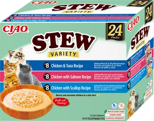 INABA Cat Ciao Stew - Ergänzungsfuttermittel für Katzen mit Huhn, Thunfisch, Lachs und Jakobsmuscheln 24x40g