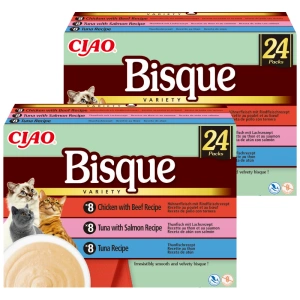 INABA Cat Ciao Bisque - Ergänzungsfuttermittel für Katzen Cremesuppe mit Huhn, Rindfleisch, Thunfisch und Lachs 48x40g
