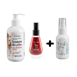 OVER ZOO Shampoo für Yorkshire terrier Hunde 250ml + Luxusparfüm für Hunde Erdbeeren – 150 ml + OVER ZOO Animal Dent 50ml GRATIS!