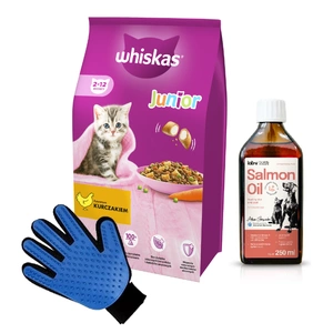 WHISKAS Junior 14 kg - Trockenfutter für Kätzchen, mit leckerem Huhn & LAB V Lachsöl 250ml + Kämm Handschuh GRATIS!