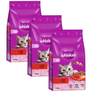 WHISKAS Adult 11,4kg (3x3,8kg) - Trockenvollnahrung für ausgewachsene Katzen, mit leckerem Rindfleisch