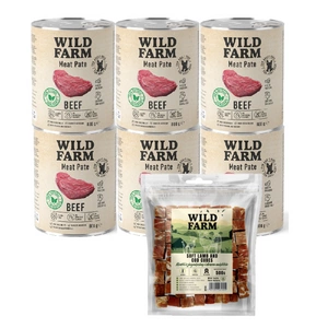 WILD FARM Pastete Rind 6x800g glutenfreies Hundefutter + WILD FARM Lamm- und Kabeljauwürfel soft 500g