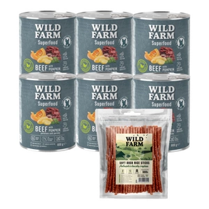 WILD FARM Superfood Beef (Rindfleisch mit Kürbis, Kartoffeln und Petersilie) 6x800g getreidefreies Hundefutter + WILD FARM Ente und Reis Sticks 500g