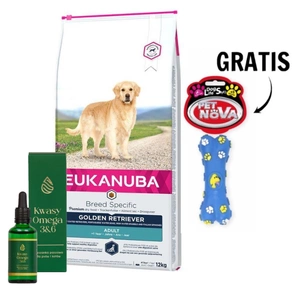 Eukanuba Breed Specific Golden 12kg & Lab-v Omega-3&6-Fettsäuren + Gummiknochen GRATIS!