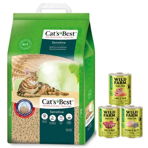 JRS Cats Best Sensitive 20l / 7,2kg + WILD FARM Premium getreidefreies MIX 3x400g