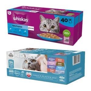 WHISKAS Adult Sachets 40 x 85 g Fishy Treats - Nassfutter für ausgewachsene Katzen in Gelee + Frendi-Beutel für Katzen mit Fischgeschmack in Sauce 48x100g