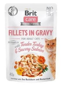 BRIT CARE Cat Pouches Fillets in Bratensoße mit zartem Putenfleisch & würzigem Lachs 85g