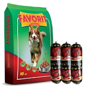 Favorit Hundetrockenfutter mit Rindfleisch 10kg + Hektor Hundefutter Riegel mit Rindfleisch 3x900g