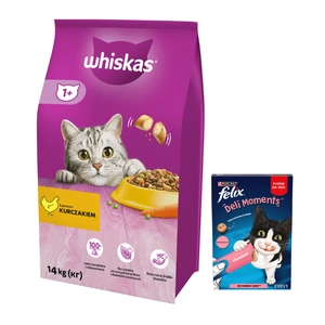 WHISKAS Adult 14 kg - Trockenfutter für ausgewachsene Katzen, mit leckerem Huhn + Felix Deli Moments 4x10g