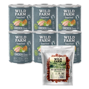 WILD FARM Superfood Huhn (Huhn mit Kürbis, Apfel und Kräutern) 6x800g getreidefreies Hundefutter + WILD FARM Lammrollen 500g