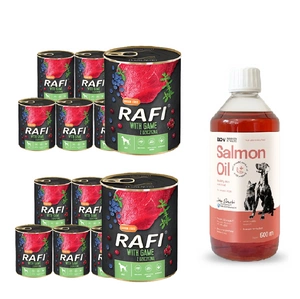 DOLINA NOTECI RAFI, Wilde 12x800g + LAB V Lachsöl für Hunde und Katzen 1000ml