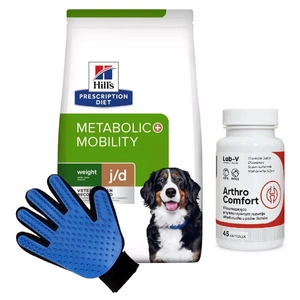 Hill's Prescription Diet Metabolic + Mobility Canine - 12 kg & LAB-V Arthro Comfort 45 Kapseln + Kämm Handschuh GRATIS