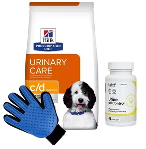 HILL'S PD Prescription Diet Canine c/d Urinary Care 12kg & LAB-V Urine pH Control 45 Kapseln + Kämm Handschuh GRATIS