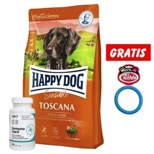 Happy Dog Supreme Toscana 12,5kg & LAB-V Immuno Hard 45 Kapseln + Ring für Hunde 9,5cm GRATIS!