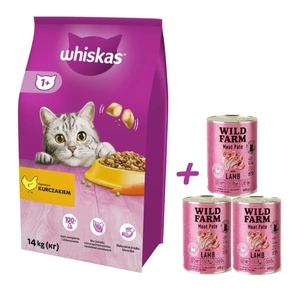 WHISKAS Adult 14 kg - Trockenfutter für ausgewachsene Katzen, mit leckerem Huhn + WILD FARM Pate Lamb 3x400g