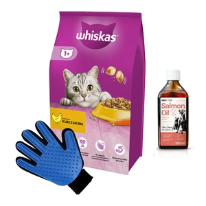 WHISKAS Adult 14 kg - Trockenfutter für ausgewachsene Katzen, mit leckerem Huhn & LAB V Lachsöl 250ml + Kämm Handschuh GRATIS!