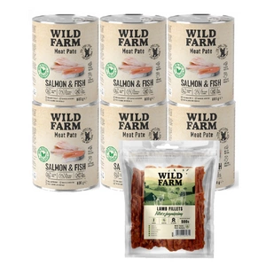 WILD FARM Pastete Lachs&Fisch 6x800g glutenfreies Hundefutter + WILD FARM Lammfilet 500g