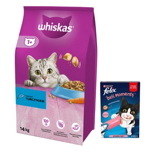 WHISKAS Adult 14 kg - Trockenfutter für ausgewachsene Katzen, mit leckerem Thunfisch + Felix Deli Moments 4x10g