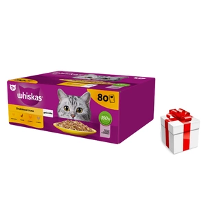 WHISKAS Adult Beutel 80 x 85 g Geflügelstückchen - Nassfutter für ausgewachsene Katzen in Gelee (Stückchen mit: Huhn, Ente, Geflügel, Pute) + Überraschung für die Katze