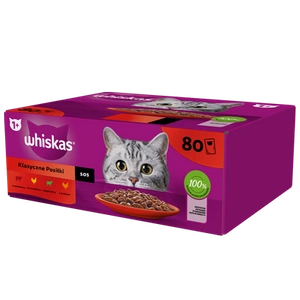 WHISKAS Adult Sachets 80 x 85 g Classic Meals - Nassfutter für ausgewachsene Katzen, in Sauce (Schnitte mit: Rind, Huhn, Lamm, Geflügel)