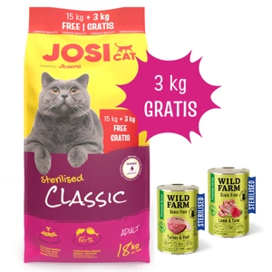 JOSERA JosiCat Classic Sterilisiert 15+3kg + WILD FARM Premium Grain Free MIX 2x400g